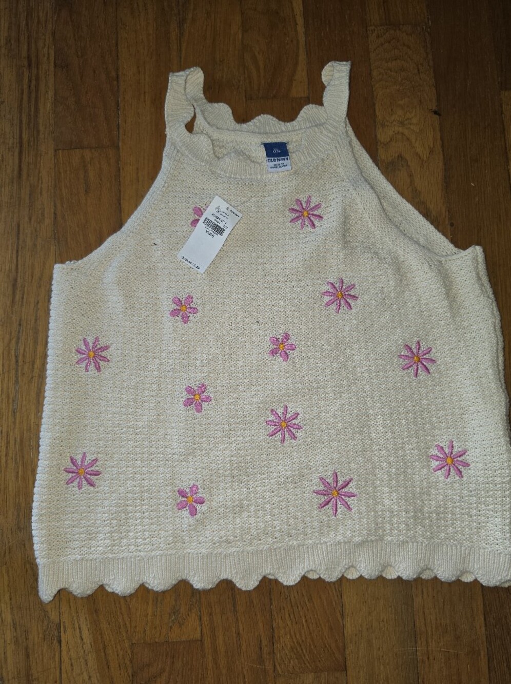 Old Navy Cream Sweater Tank Top with Pink Daisy Embroidery